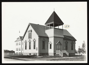 Methodist Church, new school in background, Railroad Avenue