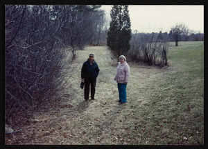 Al Dodge, Blanche Day, on the Gail Hamilton Trail, on or near old Bavard Tuckerman land, present Winthrop property, Hamilton, Mass.