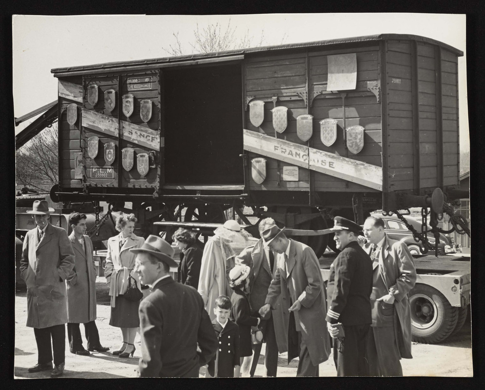 Railroad car that brough the French pillars to Hamilton, May 1950