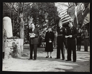 Left to right, French Consul, Beatrice Patton, unknown, Lawrence Lamson, dedication of pillars