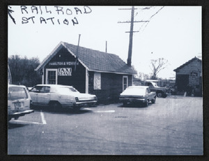 Taxi stand at railroad station looking toward Wenham, 1975