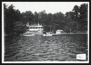 View of expanded early refreshment booth and boat houses from Idlewood Lake, Wenham, Mass.
