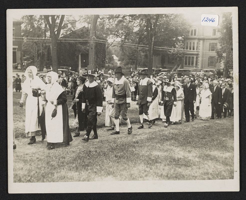 Ipswich Tercentenary Anniversary, 1930, costumed residents walking to church at Town Hill
