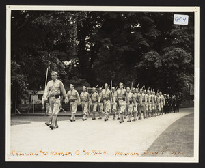 State guard, arriving at Wenham Town Hall for exercises, led by Capt. H.A. Daley, followed by Lts. Phippen and Todd