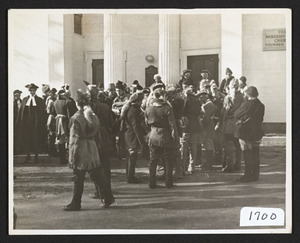 Townspeople ready to trek west, renactment, in front of 1st Church Hamilton, 1937