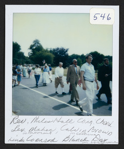 Rev. Miles Hall Cong. Church, Lev Mahan in brown suit, Calvin Brown in costume, Linda Coonrod, Blanche Day in costume