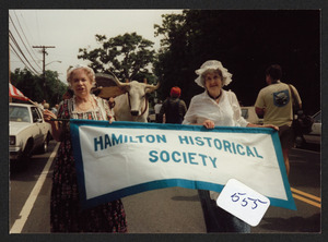 Eleanor McKey, left, Marguerite Brumby, right, leading the H.H.S. section of the walk with the pioneers, July, 2, 1987