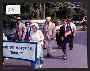 Leon Purington, Marguerite Brumby holding the banner in Bicentennial Parade, July 2, 1987