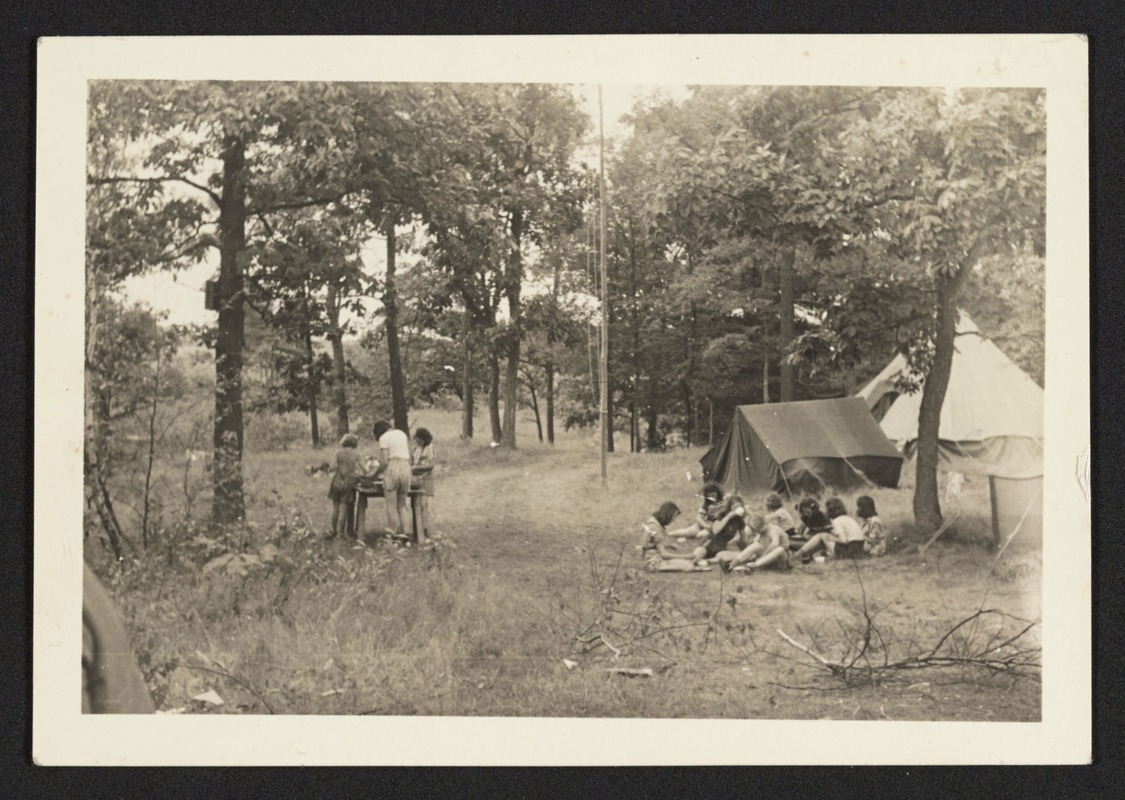At Camp Manzer, 1939, eating and washing dishes, Hamilton Girl Scout Troop 1