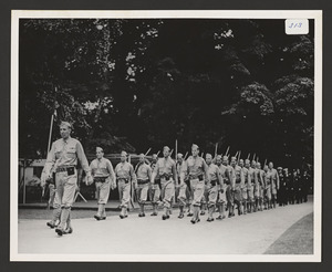 Exercises at Wenham Town Hall, 58th Co. Hamilton and Wenham Mass State Guard, W.W.II entering avenue to town hall
