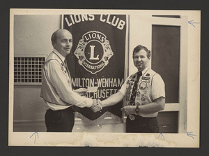 Tom Barrett shaking hand of Arthur Butch Crosbie at some Lions Club Meeting