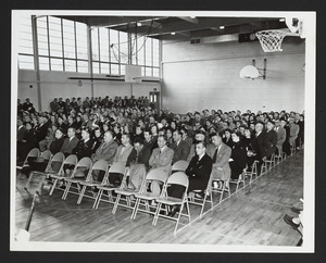 Interior of new gym at Hamilton High School, 1952, dedication ceremony.