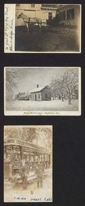 In yard at 540 Bay Road, Allen W. Dodge house, winter at Woodbury Station, East Hamilton, Mass, street cars