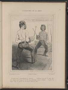 Asseyons-nous commodément, et attention!...n'oublions pas que la canne doit - vous couvrir son homme de la tête aux pieds, habit, veste et culotte...Il pleut des - coups? bon! le pareur est un mosieu habillé de bois