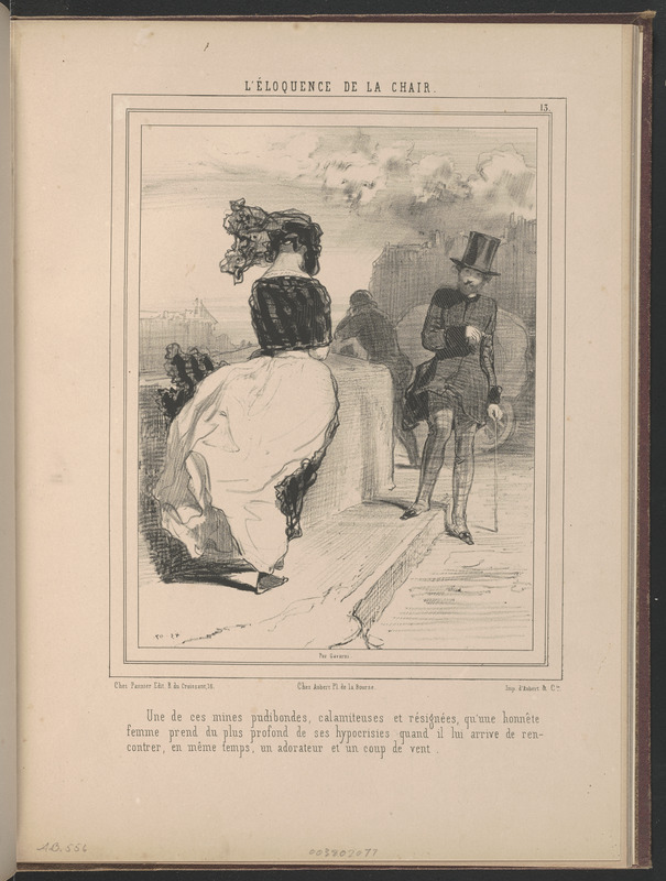 Une de ces mines pudibondes, calamiteuses et résignées, qu'une honnête - femme prend du plus profond de ses hypocrisies quand il lui arrive de ren - contrer, en même temps, un adorateur et un coup de rent