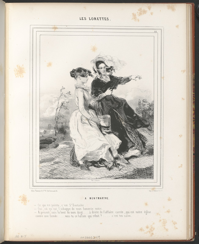 A Montmartre. - Ce qui est pointu, c'est St-Eustache. - Oui, où qu'est l'échoppe de mon honorée mère. - A présent, suis le bout de mon doigt...à droite de l'affaire carrée, qui est notre église... - contre une fumée...vois-tu ce balcon qui reluit?... - c'est ton salon