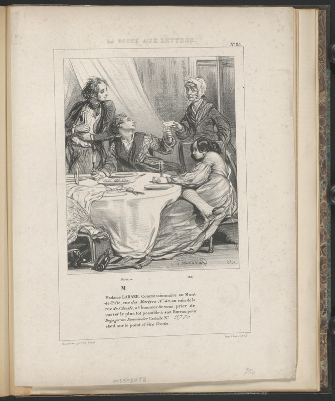 Paris ce 183 - M - Madame Larabe, Commissionnaire au Mont - de Pieté, rue des Martyrs no. 40 au coin de la - rue de l'avale, a l'honneur de vous prier de - passer le plus tôt possible à son bureau pour - dégager ou renouveler l'article No. 9720 - étant sur le point d'être vendu