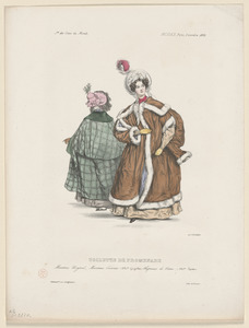 Toilette de Promenade - Manteau boyard, manteau écossais (Mins Gagelin), chapéaux de satin (Mme Lepetit)