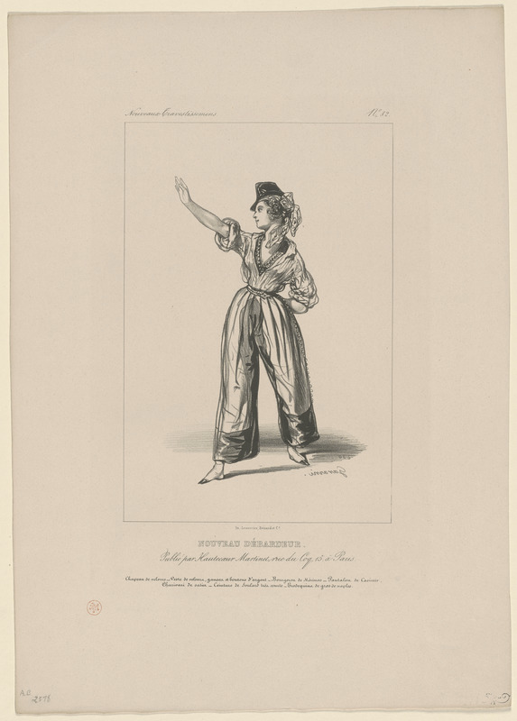Nouveau Débardeur. - Chapeau de velours. Veste de velours, ganses et boutons d'argent. Bourgeron de mérinos. Pantalon de casimir. - Charivari de satin. Ceinture de foulard très-courte. Brodequins de gros de Naples
