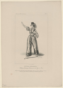 Nouveau Débardeur. - Chapeau de velours. Veste de velours, ganses et boutons d'argent. Bourgeron de mérinos. Pantalon de casimir. - Charivari de satin. Ceinture de foulard très-courte. Brodequins de gros de Naples