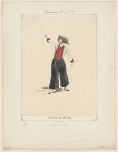 Patron de Bateau. - Chemise de mérinos. Pantalon de velours. Bas de soie. Souliers vernis, boucles d'argent. Veste de bazin (sic) - Chapeau de paille bordé de velours, boucle et pipe d'argent, branche de saule, boutons de métal, chaine de montre d'argent