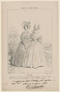 Mai 1837. - Capotte (sic) à coulisse et bouquet de violettes, chapeau de moire et giroflée. - Robes de foulard et de mousselines (sic) de laine à pèlerine paysanne
