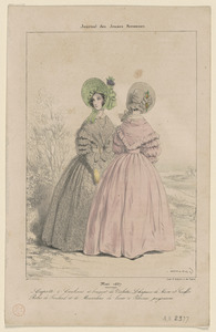 Mai 1837. - Capotte (sic) à coulisse et bouquet de violettes, chapeau de moire et giroflée. - Robes de foulard et de mousselines (sic) de laine à pèlerine paysanne