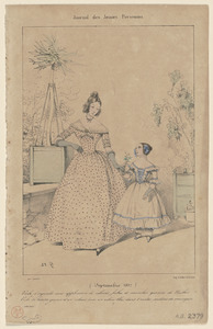 Septembre 1837. - Robe d'organdi avec application de velours, fichu et manches garnies de ruches. - Robe de batiste garnie d'un volant avec un ruban bleu dans l'ourlet. Souliers de maroquin