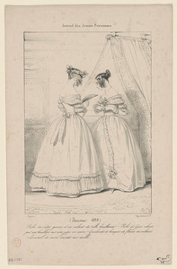 Janvier 1838. - Robe en crêpe garnie d'un volant de tulle bouillonné. Robe de gaze relevée - par un bouillon sur une jupe en satin. Guirlande et bouquet de fleurs en velours. - Éventail de moire monté sur écaille