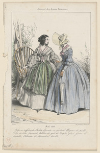 Mai 1838. - Robe en taffetas du Thibet, cravatte (sic) en foulard, chapeau de paille. - Robe en coie façonnée, tablier de gros de Naples glacé garni de - dentelle, collerette de mousseline brodée