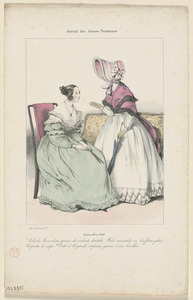 Septembre 1838. - Robe de mousseline garnie de volants dentelés, fichu mantelet en taffetas glacé, - capotte (sic) de crèpe. Robe d'organdi imprimé garni d'un bouillon