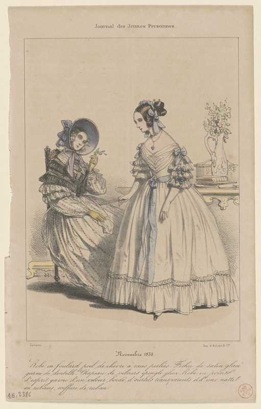 Novembre 1838. - Robe en foulard poil de chèvre à raies perlées, fichu de satin glacé - garni de dentelle, chapeau de velours épinglé glacé. Robe en point - d'esprit garni d'un velour (sic) bordé d'oulets transparents et d'une natte - en rubans, coiffure de ruban