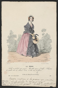 Robe en foulard gros grains (sic), mantelet garni d'étoffe, chapeau - de paille orné de velours, tour de tête orné de fleurs en papier du - magasin de Chaulin, rue St-Honoré, 218