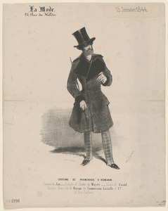 Costume de promenade d'Humann. - Chapeau de Jay. Cravate et gants de Myer. Canne de Cazal. - Envois divers de la maison de commission Lasalle et Cie, - 28, rue Taitbout