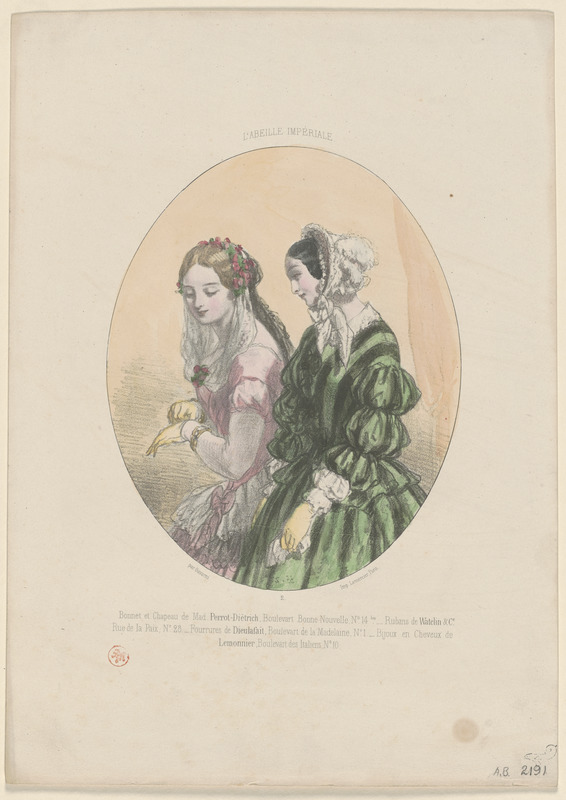 Bonnet et chapeau de Mad. Perrot-Victrich, Boulevard Bonne-Nouvelle, no. 14 bis. Rubans de Watelin et Cie, - rue de la Paix no. 28. Fourrures de Dieulaffait, Boulevart (sic) de la Madelaine (sic), no. 1. Bijoux et cheveux de - Lemonnier, Boulevart (sic) des Italiens, no. 10