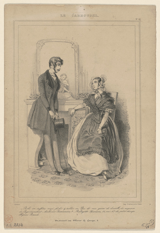 Robes en taffetas sergé, fichu et tablier en pou-de-soie garni de dentelles des magasins - du Page inconstant, boulevard Poissonnière, 9. Redingote Humann, 83, rue Nre des Petits-Champs. - Chapeau Pinaud
