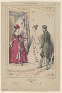 L'Antichambre. - (Nouvelle) - Travestissement - composé par Gavarni. - Robe de bal, - mode 1837. - Habit Humann. - Chapeau Cuvellier