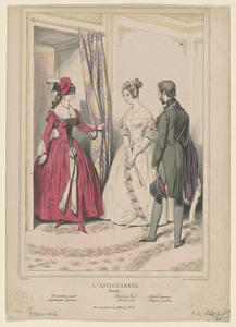 L'Antichambre. - (Nouvelle) - Travestissement - composé par Gavarni. - Robe de bal, - mode 1837. - Habit Humann. - Chapeau Cuvellier