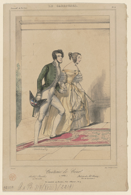 Costume de cour - 1837. - habit Barde, - rue de Choiseul, 2. - Robe de chez Mme Henry, - rue des Pyramides, 3