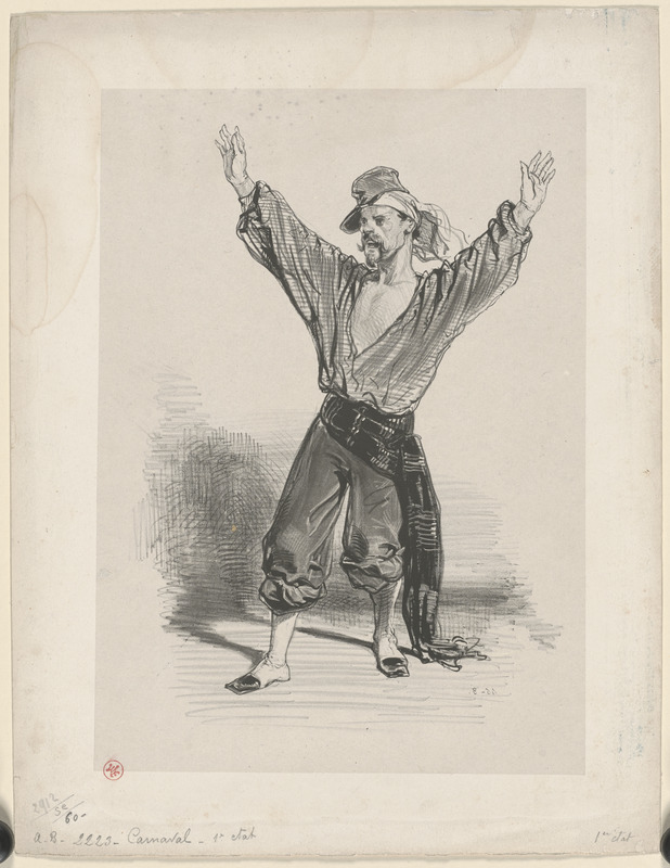 Képi de velours garance. Foulard blanc. Bourgeron de mérinos bleu. Écharpe de soie noire - à raies de couleur. Pantalon de velours garance. Guêtres de piqué blanc. Souliers vernis. - Gants blancs