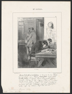 Un protêt. - Au nom de la loi et de la justice (ces neuf derniers mots raturés), a la requête du sieur Vautour, négociant - patenté, nous Loyal, huissier patenté, Achille Jolibiais et lynace Honoré Franc Michel, praticiens - soussignés, déclarons que nous sommes, à l'heure qu'il est, au domicile de la dame Misère, et - nom ici, où, parlant à son ou sa portier ou portière, ainsi déclaré ou déclarée, ce que prenons - pourrefus de paiement (sic), coùt huit francs soixante-quinze centimes. Rayé deux mots nuls