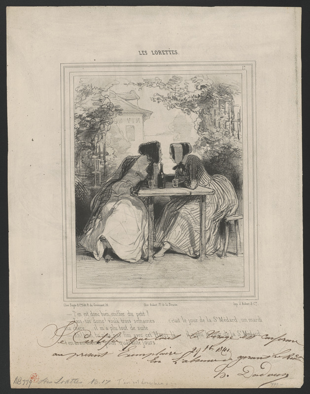 T'en est (sic) donc bien coiffée du petit? - Tais-toi donc! voilà trois semaines... c'était le jour de la Saint-Médard, un mardi, - ma chère...il m'a plu tout de suite. - Ah! bien, t'en as pas fini avec cet Henri-là...il a plu le jour de la Saint-Médard, t'en as au moins pour quarante jours