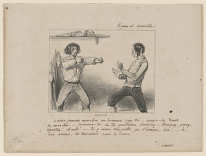 Laisse jamais marcher un homme sur toi, coupe-le dans la marche...Souviens-toi de ta - quatrième division, Rompez, parez, ripostez! chaud!...tu y casse (sic) une patte, ça l'écœure, - bon!...le bas abimé, tu travailles dans le dessus!...