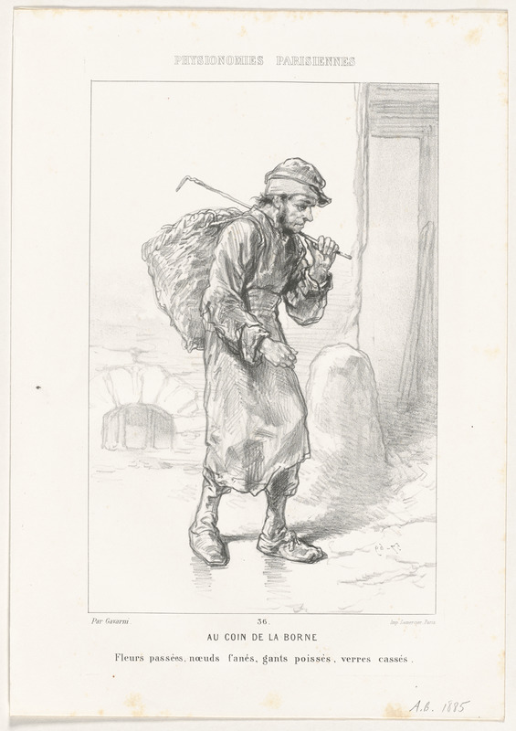 Au coin de la Borne. - Fleurs passés (sic), nœuds fanés, gants poissés, verres cassés
