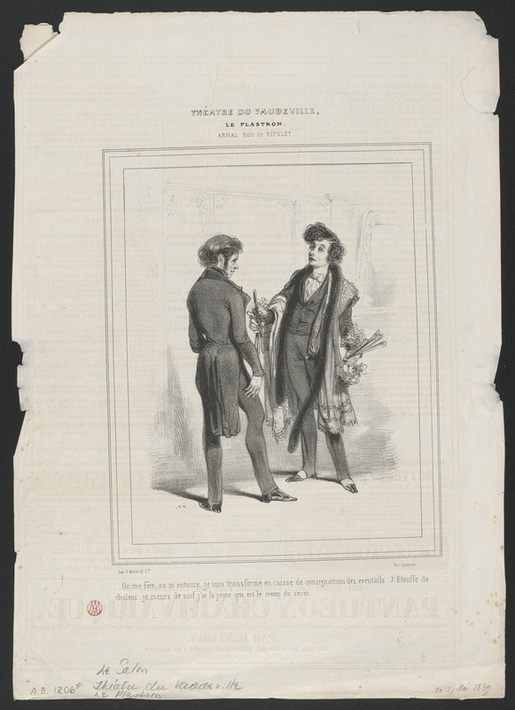 Théatre du Vaudeville. - Le plastron. - Arnal, rôle de Rifolet, "On me fête, on m'entoure, je suis transformé en caisse de consignations des éventails, j'étouffe de - chaleur, je meurs de soif, j'ai la pépie, qui est le croup de serin