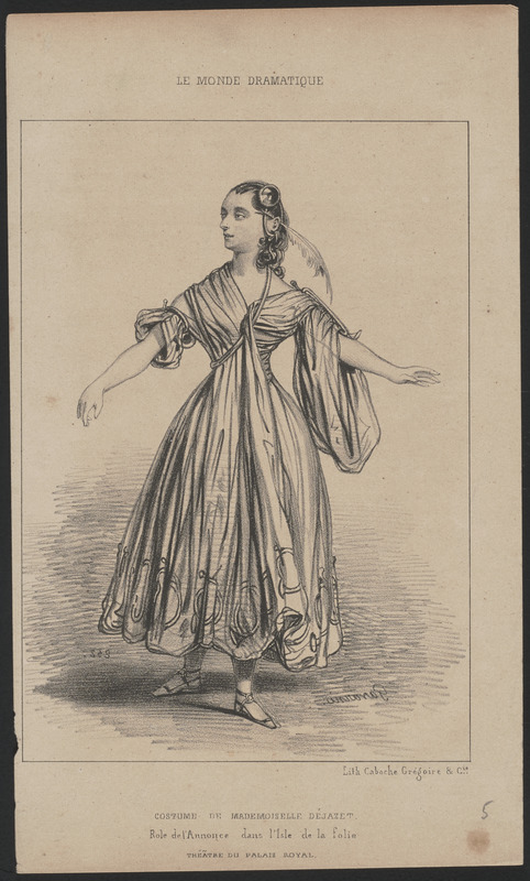 Costume de Mademoiselle Dejazet. - Rôle de L'annonce dans L'Isle (sic) de la folie. - Théâtre du Palais-Royal