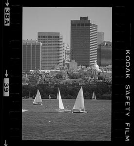 Sailboats on Charles River Basin (note Beacon Hill & downtown), Back Bay