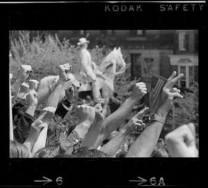Angry fists at Kent State Massacre rally at State House, Boston