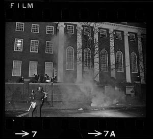 Harvard Square anti-war riot: Police tear gas (note Harvard building), Cambridge