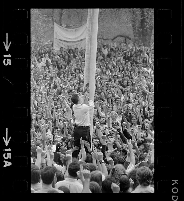 Kent State shootings demonstration: Flag lowered to half mast, State House, Boston Common